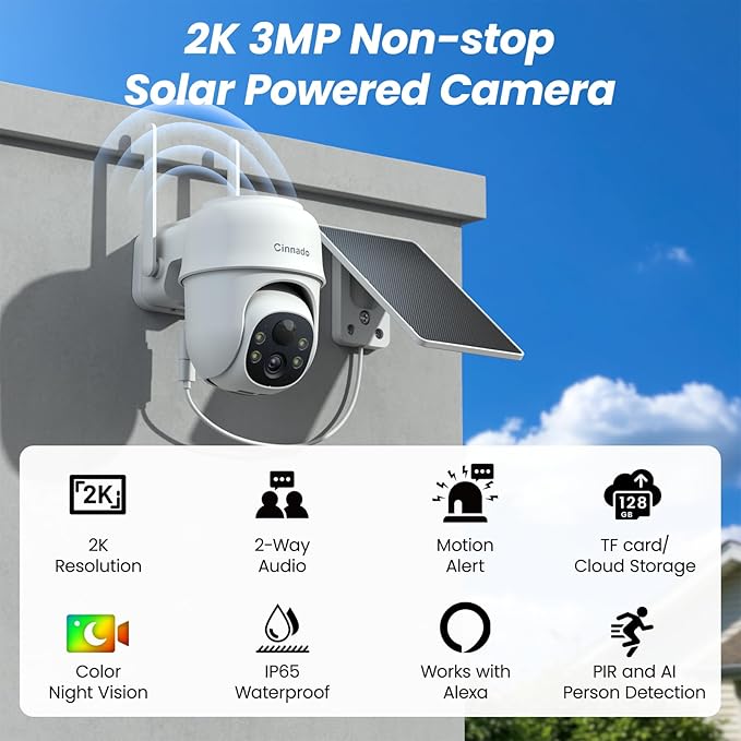 2K Cameras for Home Security-2.4G WiFi Outdoor Camera Wireless Solar/Battery Powered with solar panel, 360° Viewing, AI Human Detection, Color Night Vision, with SD Storage, Works with Alexa(2 Pack)