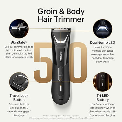 MANSCAPED® The Lawn Mower® 5.0 Ultra Groin & Body Hair Trimmer – Dual-Head SkinSafe® Trimmer & Foil Blades, Waterproof Wet/Dry Groomer, USB-C Rechargeable with Travel Case, Men’s Ball Shaver, Black