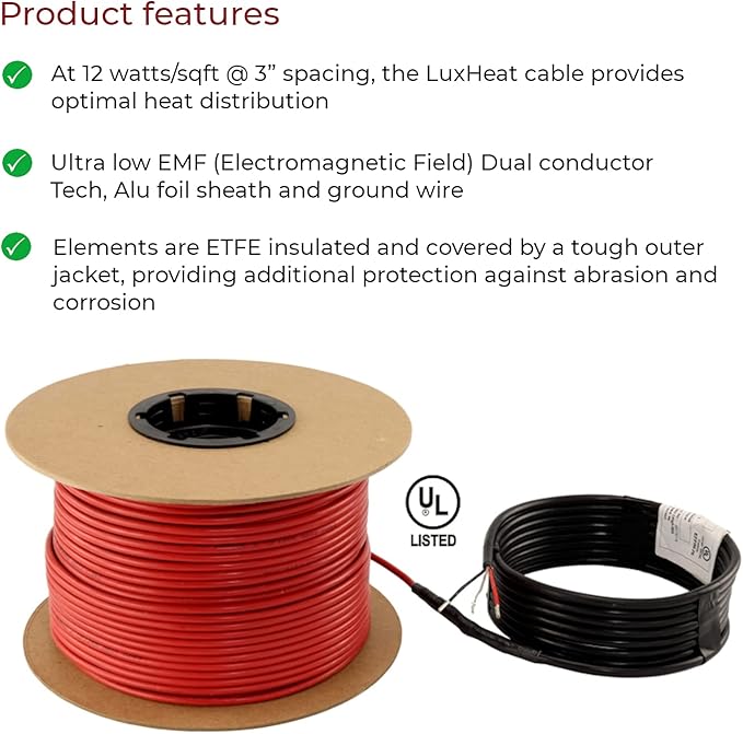 LuxHeat 200sqft Floor Heating Cable Kit - 240v Infloor Heat Kit for Tile - Heated Flooring System Includes UDG4 Programmable Thermostat w/GFCI, Heating Cable, Strapping, Floor Sensor & Alarm