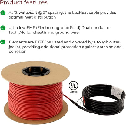 LuxHeat 200sqft Floor Heating Cable Kit - 240v Infloor Heat Kit for Tile - Heated Flooring System Includes UDG4 Programmable Thermostat w/GFCI, Heating Cable, Strapping, Floor Sensor & Alarm