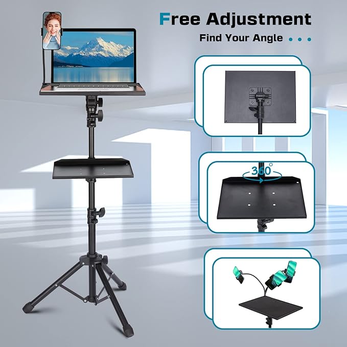 Lusweimi Projector Tripod Stand, 50” Laptop Stand with 2 Shelves for Projector, iPad, DJ Equipment, Portable Adjustable Floor Stand with Gooseneck Phone Holder for Office, Home, Stage or Studio