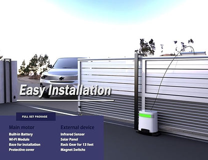 Blütezeit 1400lb Sliding Gate Opener, Solar Power | WiFi Control | Built-in Battery Backup, Rack Driven Automatic Slide Gate Motor with Remote Complete Kits (20W Solar Panel & Racks Incl.)