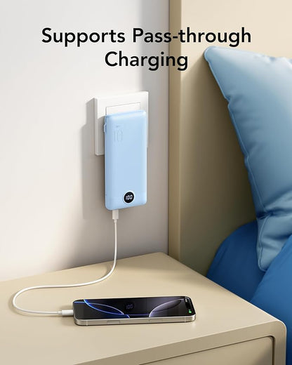 VRURC Portable Charger with Wall Plug and Cables, 10000mAh Power Bank with 22.5W Fast Charging USB Port,4 Outputs Dual Inputs Slim Compact Rechargeable Battery Pack Travel Accessories-Blue(1 Pack)