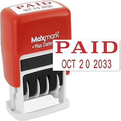 MaxMark Self-Inking Rubber Date Office Stamp with Paid Phrase & Date - RED Ink (Max Dater II), 12-Year Band