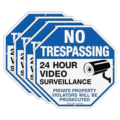4-Pack No Trespassing Sign Private Property Protected By Video Surveillance Violators Will Be Prosecuted Sign, 12 x 12 Inch Reflective Aluminum, UV Protected, Weather/Fade Resistant, Easy to Install