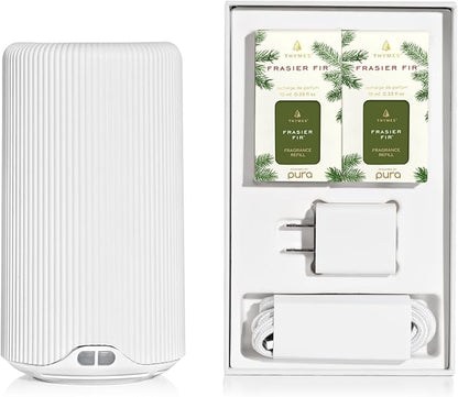 Thymes Pura Plus Smart Home Fragrance Diffuser Kit - Includes 1 Tabletop Pura Diffuser and 2 Frasier Fir Pura Refills - Notes of Siberian Fir, Cedarwood & Sandalwood