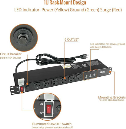 Tecmojo 1U Rackmount Network-Grade PDU Surge Protector Power Strip, 12 Outlets (6 Front, 6 Rear Wide Spaced) 12A 6ft Cord with 5-15P Lug - Black, UL Certified