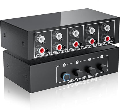 3.5mm Aux + RCA L/R Audio Switch Box 4 in 1 Out Bidirectional, BolAAzuL Stereo Audio Switcher Selector 4X1 Passive a/b Analog Audio Selector No Power Need