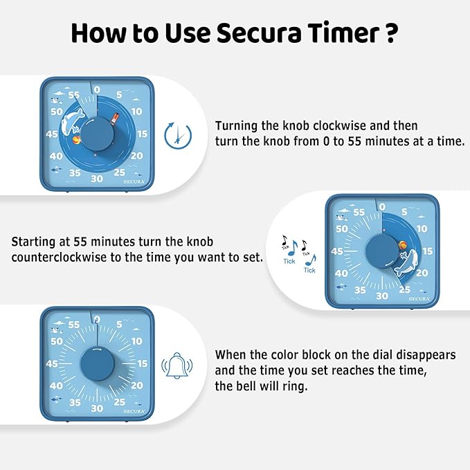 Secura 7.5-Inch Animal Pattern Visual Timer for Kids, 60-Minute Countdown Timer for Classroom or Kitchen, Durable Mechanical Timer Clock with Magnetic Backing (Blue)