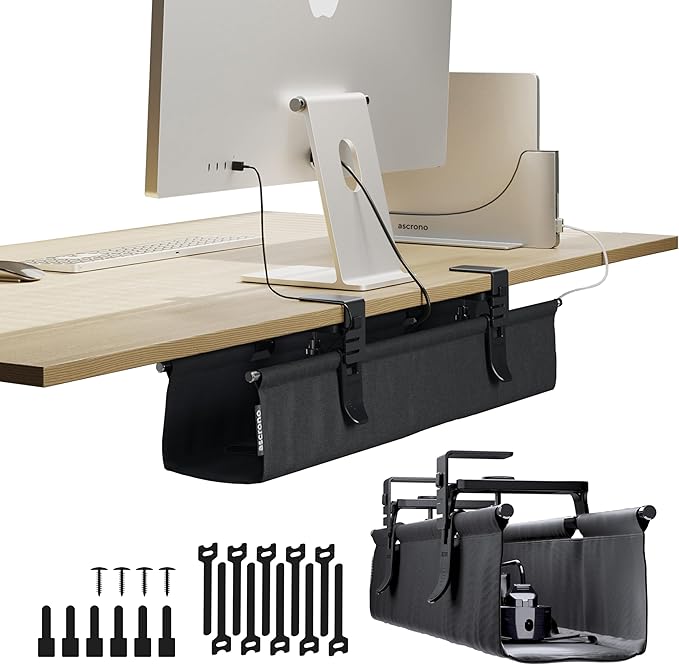Ascrono Original No Drill Under Desk Cable Management Tray 27.3" - Premium Black Fabric Cable Management Under Desk - Clamp/Screw Mount Cord Organizer - Supports Upto 66lbs