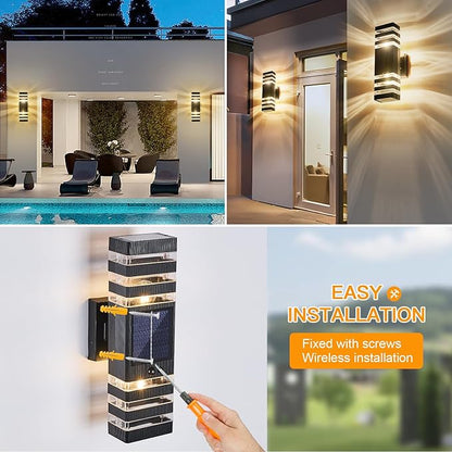 2 Pack Solar Outdoor Wall Lights with Motion Sensor 3-Mode Motion Outdoor Sconces 3000K 500LM Dusk to Dawn Solar Porch Light Fixtures Modern Up Down Exterior Wall Lamp for House Garage Front Door