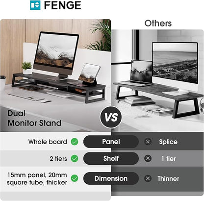 Fenge Dual Monitor Stand for Desk, 42.5in Large Monitor Riser for 2 Monitors, 2 Tier Computer Office Desk Top Shelf, Desktop Storage Stand for Laptop, PC, Computer, Printer