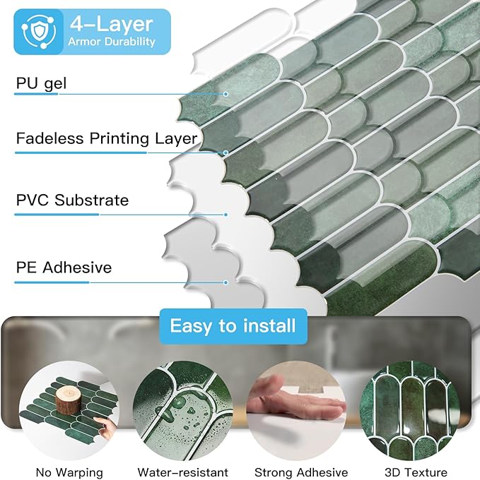 Art3d 12 x 12 Inch Heavy-Duty Peel and Stick Backsplash, Self-adhesive Wall Tiles for Kitchen Bathroom Decor, 10-Pack Dark Green