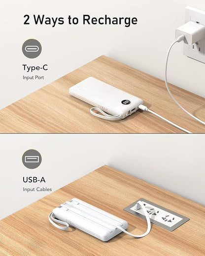 VEEKTOMX Portable Charger Built-in Cables, 10000mAh Power Bank for iPhone, Fast Charge USB C Battery Pack Travel Essentials Powerbank Compatible with iPhone 17/16/15/14, Samsung S25/24, Android, etc