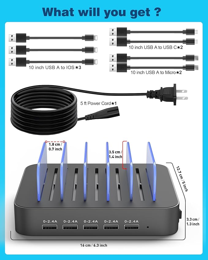 MSTJRY Charging Station for Multiple Devices : 5 Port Multi USB-A Charger Stations Multi-Device Organizer Charging Dock Designed for iPhone iPad Cell Phone Tablets (7 Short Cables Included), Gray