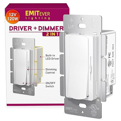 Dimmer Light Switch & 12V 120W Dimmable LED Driver 2 in 1, UL Listed Single-Pole or 3-Way Slide Dimmer Switches for Led Strip Lights,120VAC to 12VDC Power Supply for Low Voltage Project,Glossy White