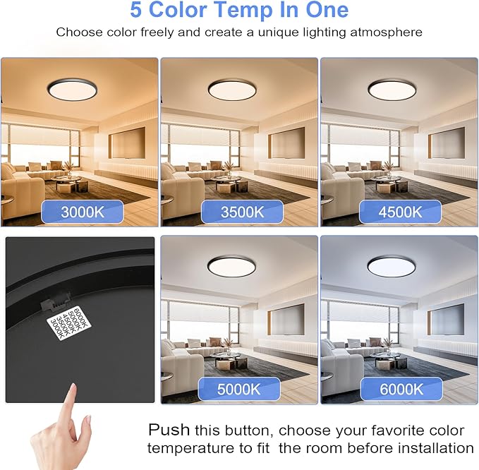 hunhun 6 Pack 16 Inch Dimmable LED Flush Mount Ceiling Light 4800LM Round Light Fixture 5 Color Temperature Selectable Large Flat Ceiling Lamp for Living Dining Room Black ETL Listed