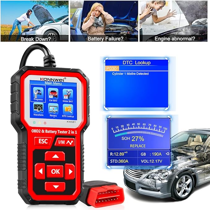 KONNWEI KW681 OBD2 Scanner 6V 12V Car Battery Tester, 2 in 1 Car Diagnostic Scanner Automotive Battery Alternator Load Tester Check Engine Code Reader Scan Tool