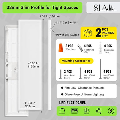 1x4 LED Flat Panel Light,Surface Mount Ceiling Light,5CCT 3000K/3800K/4500K/5200K/6000K,24W/30W/40W 5200LM Smooth Triac Dimming(10-100%),LED Light Fixture for Office Kitchen Garage,White - 2Pack