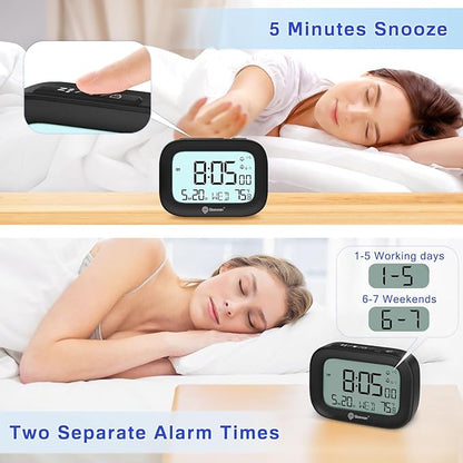 Geevon Small Travel Alarm Clock, Digital Alarm Clocks for Bedrooms Home Office, Battery Operated Desk Clock with 3 Inch Large Display, 2 Alarms, 5s Backlight, Snooze, Indoor Temperature, Black