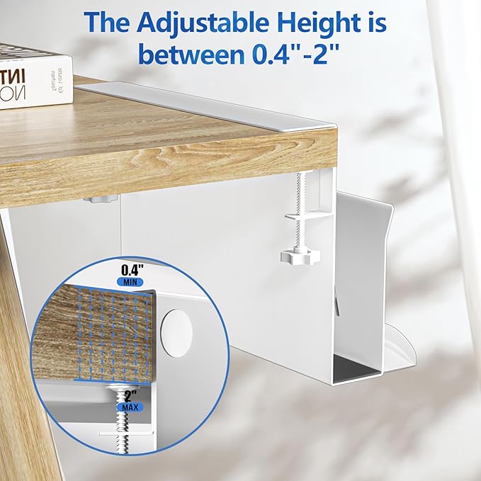Litwaro Desk Side Storage, No Drill Laptop Holder with Magnetic Pen Holder, Under Desk Laptop Mount with Sticky Headphone Holder, Hanging Desks Organizer Fits Flat Edges 0.4" to 2" (White)