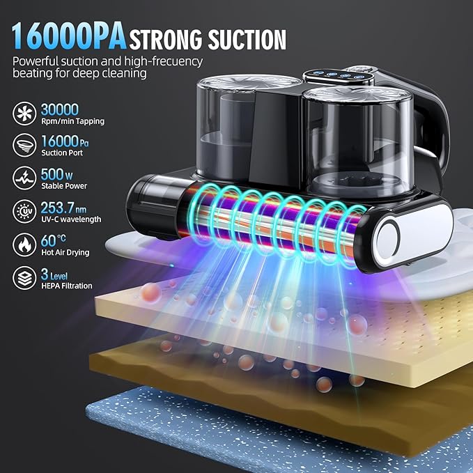 Mattress Vacuum Bed Vacuum Cleaner 16Kpa Suction 253.7nm UV-C Light, 140°F Heated Air, 30000 RPM Brushroll, Ultrasonic, HEPA Filter, Handheld Vacuums for Carpet/Sofa, 500W Corded, (Pitch-Black)