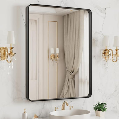 LOAAO 20X16 Inch Black Metal Framed Bathroom Mirror for Wall, Matte Black Bathroom Vanity Mirror Farmhouse, Large Rounded Rectangle Mirror, Anti-Rust, Hangs Horizontally or Vertically