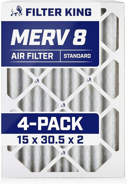 Filter King 15x30.5x2 Air Filter | 4-PACK | MERV 8 HVAC Pleated A/C Furnace Filters | MADE IN USA | Actual Size: 15 x 30.5 x 1.75"