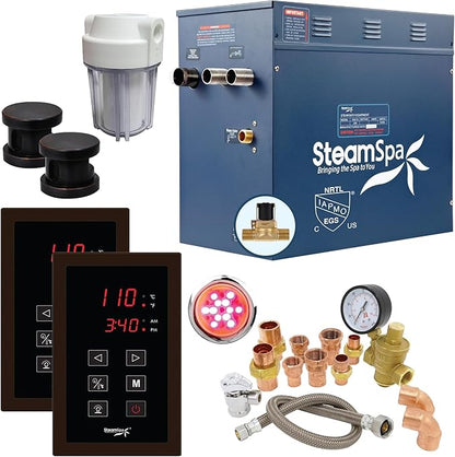SteamSpa Executive 12 KW QuickStart ACU-Steam Bath Generator Package with Built-in Auto Drain in Oil Rubbed Bronze | Steam Generator Kit with Dual Control Panel Steamheads 240V | SS-EXT1200OB-A