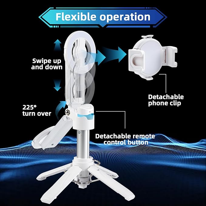 MQOUNY for Magsafe Tripod Stand for iPhone,Portable Pocket Size Selfie Stick with Rechargeable Remote and Metal Ring,Extendable Detachable Cell Phone Tripod Compatible with iPhone/Android (White)