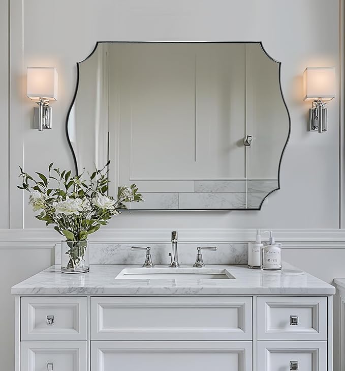 ANDY STAR Chrome Bathroom Mirror, 30x40 Inch Large Polished Chrome Mirror, Rectangle Mirror for Bathroom with Unique Wavy Design Ideal for Home Decor, Rust-Proof Stainless Steel 1” Frame