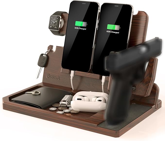 BarvA 2 Phone Docking Station | Patented Adaptive Wood Gun Rack | Night Stand Room Decor | Gun Accessories Gifts for Men | Smart Watch & Phone Stand | Charging Station Desk Organizer