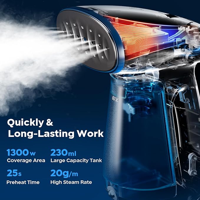 Bear Steamer for Clothes, 1300W Powerful Fast-Heating Handheld Garment and Clothes Steamer with Large 230ml Tank, Auto-Off Safety, Includes Brush, Perfect for Home and Travel Wrinkle Removal
