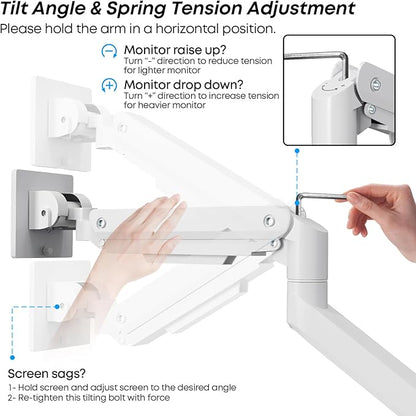 Premium Heavy Duty Monitor Arm for 17 to 49 inch Screens up to 44lbs, Fully Adjustable Ultrawide Single Clamp-on Desk Mount Stand, VESA 75x75/100x100mm (White)