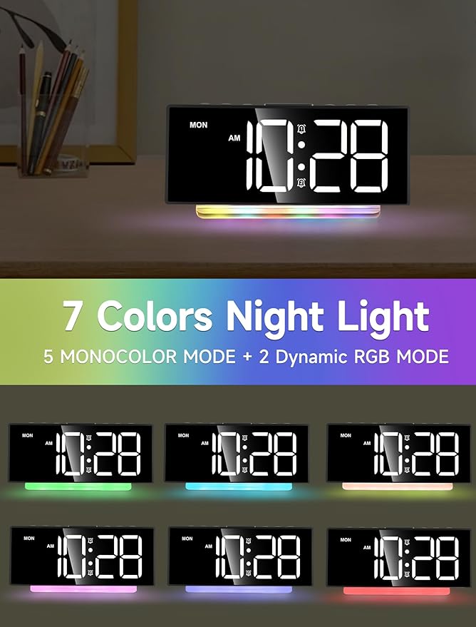 Cadmos Extra Loud Alarm Clock for Heavy Sleepers Adults,Teens,Kids,Rainbow Clock for Bedrooms,Small Bedside Digital Clock with Large Display,7 Color Night Light,12/24h(Black+Dynamic)