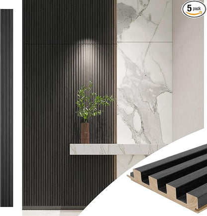 Art3d Slat Wood Wall Paneling for Interior and Ceiling Decoration - Pack of 4pcs + 1pc End-Trim, Size 108 x 5.7in.- Black