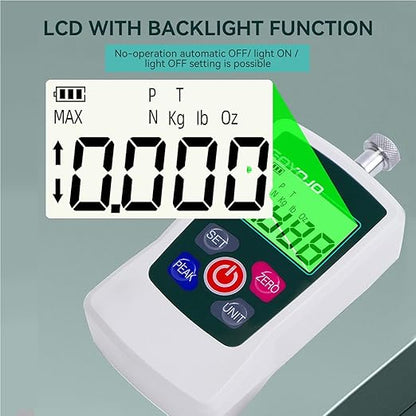 GOYOJO Digital Force Gauge High-Precision Push-Pull Meter for Tension & Compression Testing Units (N, kg, lb, oz) Real-Time/Peak/First Peak Modes Ideal for Quality Control & Material Testing (50N)