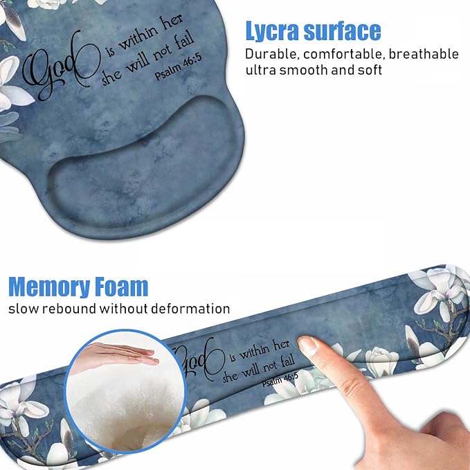 Keyboard Wrist Rest + Mouse Pad Wrist Support Set with Coasters, Non-Slip PU Base Ergonomic Mousepad for Home Office Working Studying Easy Typing & Pain Relief, Quote Bible Verses Psalm 46:5