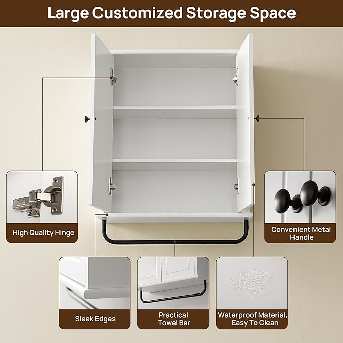 Bathroom Storage Cabinet with Adjustable Wood Shelves, Unique Arched Groove Design On The Door, Wall Mounted with Towels Bar, Over The Toilet Storage Cabinet with DTC Silent Buffering Hinge