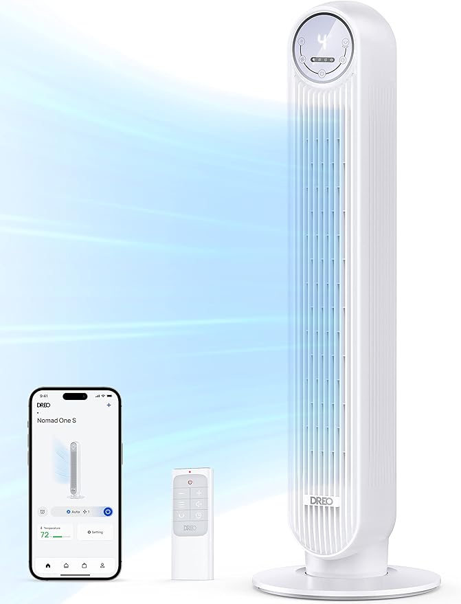 Dreo Tower Fan for Bedroom, 25ft/s Smart Standing Fans, 90° Oscillating Floor Fan with 4 Modes, 4 Speeds, 8H Timer, 28dB, Bladeless, Remote, 28 dB, Works with WiFi Voice Control