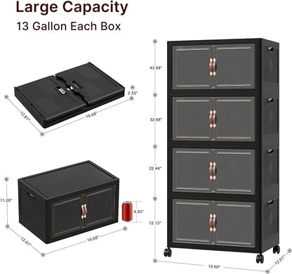 Extra Large Stackable Storage Bins with Lids & Wheels, 440QT-55QT/30GAL*8Pack Foldable Collapsible Closet Organizers Dark Storage Cabinet with Doors for Bedroom Dorm