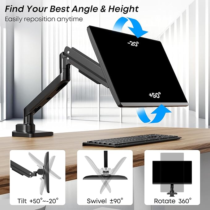 Premium Heavy Duty Monitor Arm for 17 to 49 inch Screens up to 44lbs, Fully Adjustable Ultrawide Single Clamp-on Desk Mount Stand, VESA 75x75/100x100mm (Black)