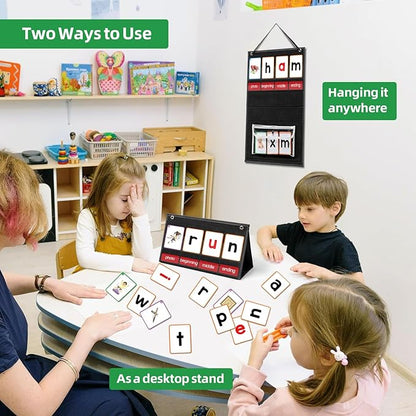 CVC Word Builder Desktop Pocket Chart with 107 Phonics Flash Cards, Kids Word Builder Games for Learn to Read CVC CVCC CCVC Words, Phonics Learning Tool for Preschool Kindergarten Classroom.
