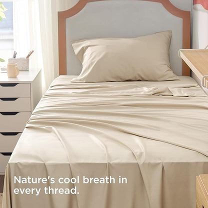 Bedsure Cooling Sheets Twin XL, Rayon Derived from Bamboo, Breathable & Soft Twin XL Sheet Sets, Deep Pocket Up to 16 Inches, Hotel Luxury Silky Dorm Bedding for Hot Sleepers, Beige