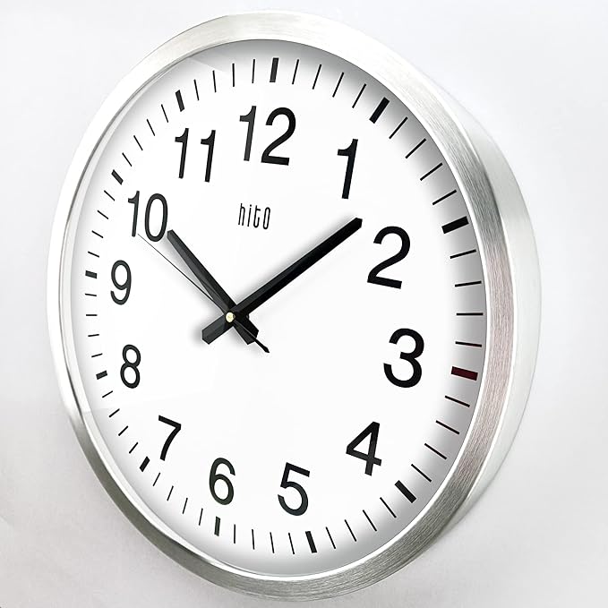 HITO 16" Silent Wall Clock Battery Operated Non Ticking Sweep Movement Glass Cover Silver Aluminum Frame, for Kitchen, Bedroom, Home Office, Living Room Decor