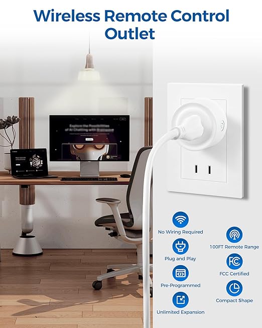 Remote Control Outlet Plug, WILAWELS Wireless Light Switch, On Off Remote Switch Outlet for Lights, Lamps, Home Appliance, 100ft RF Range, No Wiring, FCC Listed (2 Remotes + 1 Outlet) W05RC2106