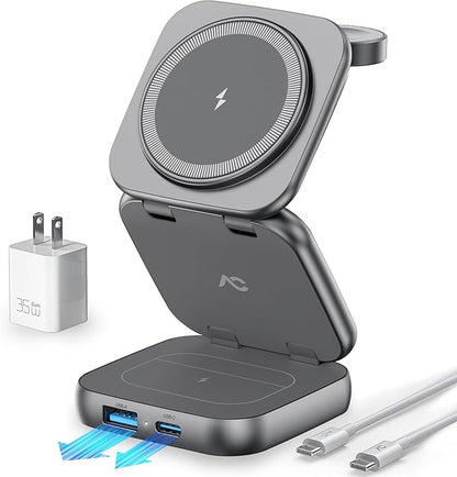 5-in-1 Wireless Charger for MagSafe, AC ISLAND Portable Travel Charging Station, 35W Max Fast Foldable Magnetic Stand, Evolved for iPhone 17-12 & Air Series, Apple Watch, AirPods (with 35W Adapter)