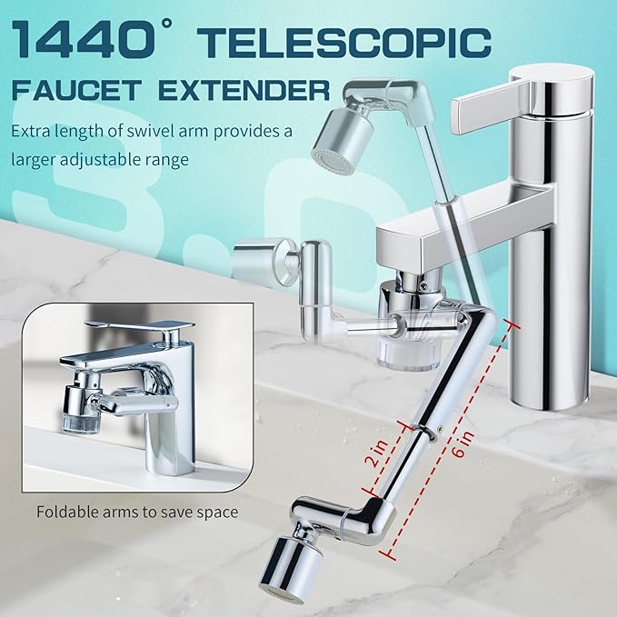 CECEFIN 1440ºSink-Water-Filter Faucet-Extender 3.0 Telescopic - Carbon Purifier Reduce 99% Chlorine, NSF Test Bathroom Kitchen Aerator, Swivel Long Arm Extension for Toddlers, Hard Water Softener