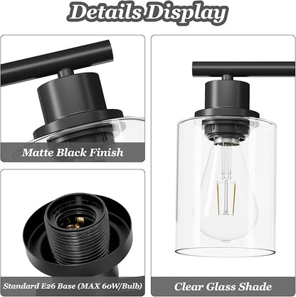 Guliaofo 3-Light Black Vanity Lights, E26 Modern Bathroom Light Fixtures with Clear Glass Shade, Wall Lamps for Mirror Kitchen Hallway Cabinet Living Room Sconces Lights