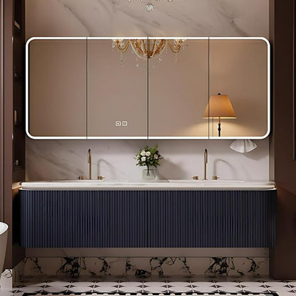 Bathroom Vanity with Double Sinks - LED Smart Defogging Mirror & Equipped with Tissue Hole | Modern Double Sink Bathroom Cabinet, 2 Drawers & Wavy Panel, Dark Blue (Mirror Cabinet, 68IN)